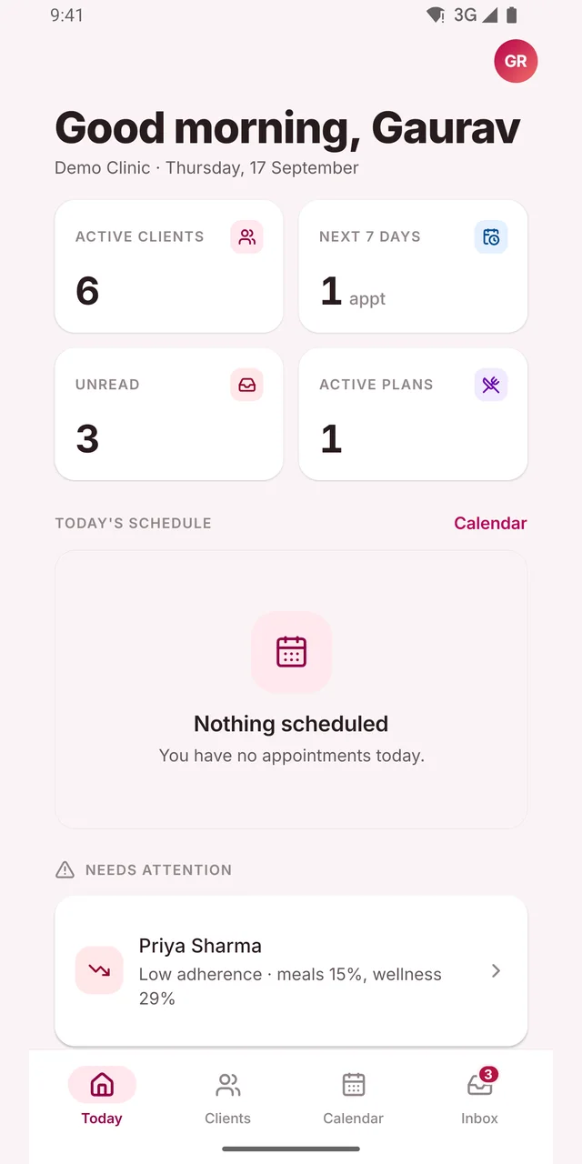 Coach app — today screen with active clients, schedule, and who needs attention