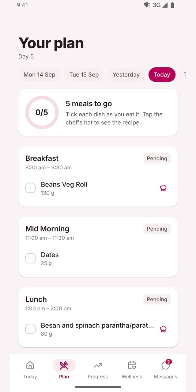 Client app — daily meal plan with portions and recipes