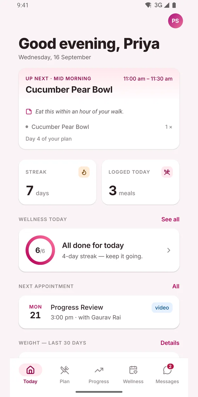 Client app — today screen with the next meal, streak, and wellness check-ins